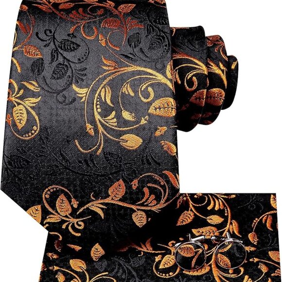 Silk Paisley Necktie and Pocket Square Cufflinks Set Orange Black - Picture 3 of 6